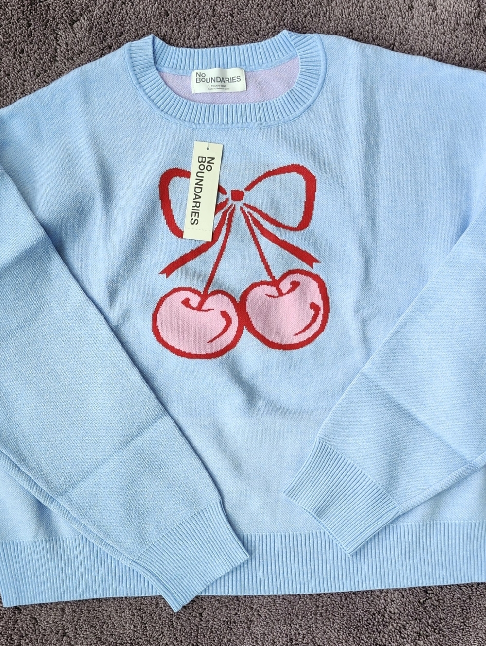 No Boundaries Light Blue Crewneck Sweater w/ Pink & Red Cherry Graphic - Size 2X